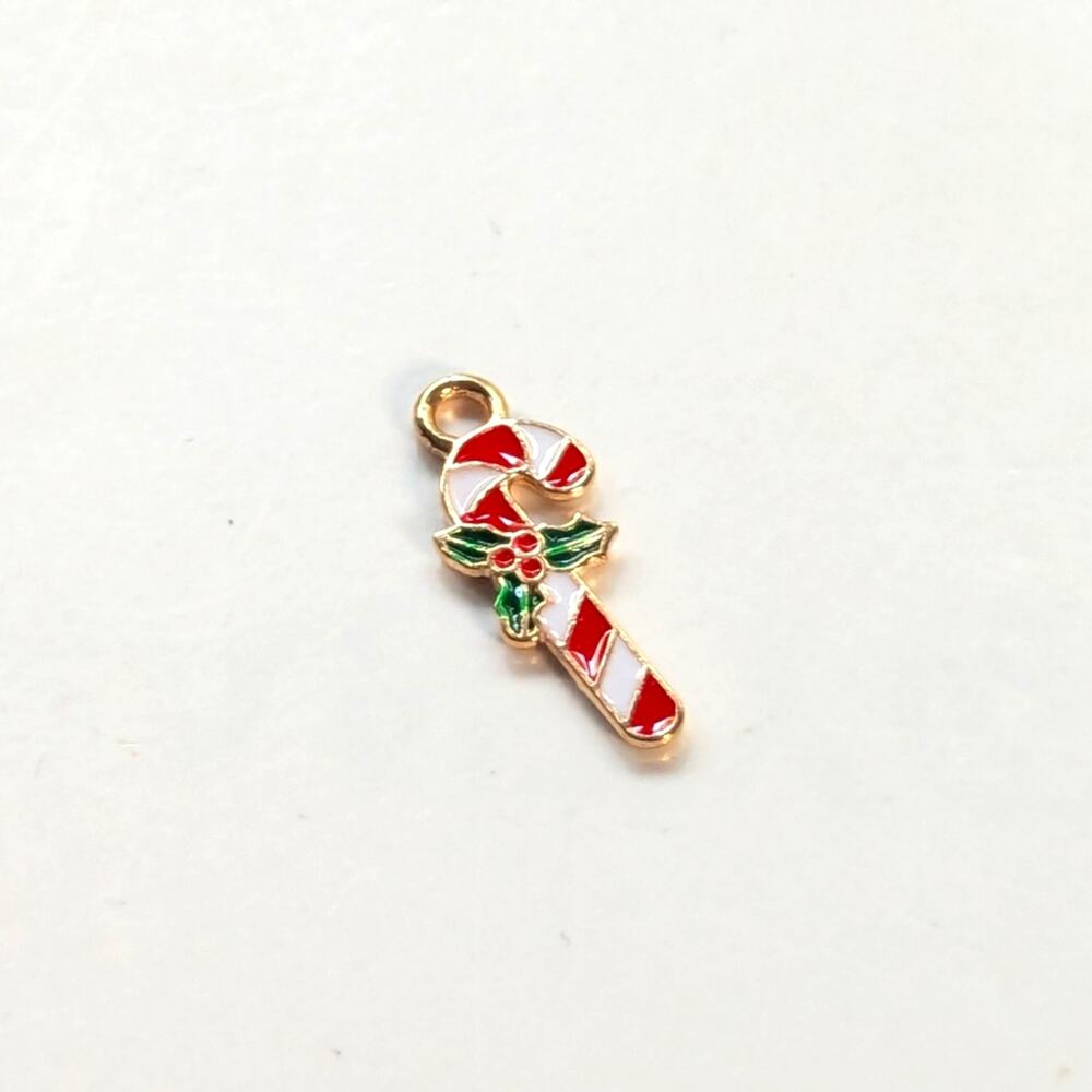 Vintage Gold Tone Red White Enamel Candy Cane Christmas Holiday Bracelet Charm